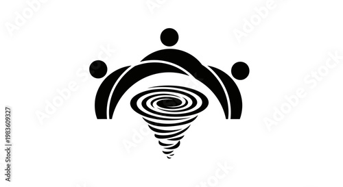 Black and white logo with swirling tornado design.
