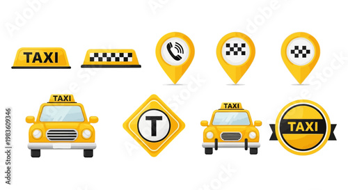 Collection of yellow taxi signs, GPS location pins with taxi symbols, and car icons representing transportation services