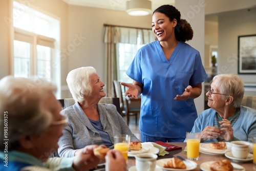 African American Nurse Chatting with Seniors During Breakfast