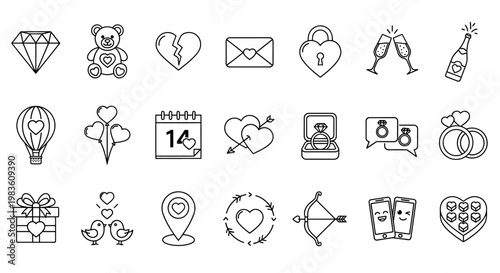 Valentine's Day icons, including hearts, gifts, and romantic symbols for design and celebration