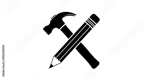 Minimalist black and white icon depicting a hammer and pencil crossed, illustrating the fusion of design thinking and practical execution in creative fields