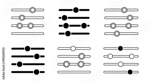 Set of diverse slider icons representing adjustment and control in user interfaces for digital applications and web design