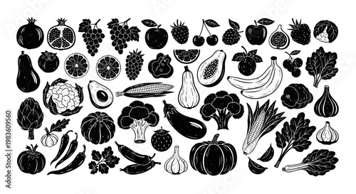 Stylized Black and White Silhouettes of a Diverse Collection of Fresh Fruits and Vegetables, Illustrating Healthy Eating and Natural Produce Variety