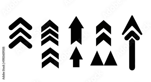 Collection of various black arrow symbols, pointing upwards, ideal for user interface design, representing advancement and positive direction
