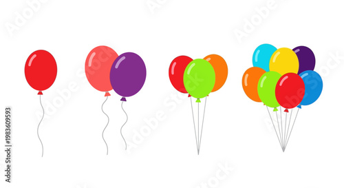 Assortment of colorful balloons in varying quantities, from one to many, signifying celebrations and events