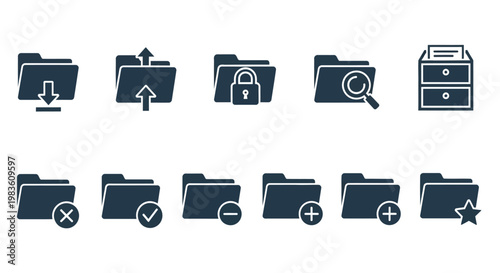 Essential vector icon set for comprehensive folder management and digital file organization, facilitating various data handling operations and administrative tasks