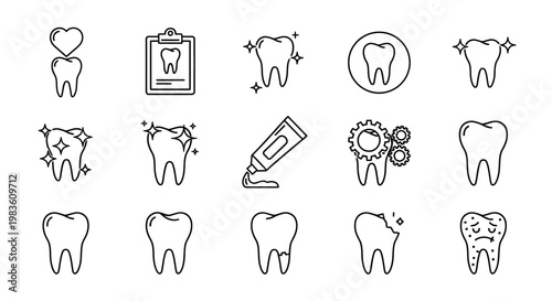 Vector icon set depicting dental health, oral care, dentistry, clean teeth, and various oral hygiene concepts with outline style