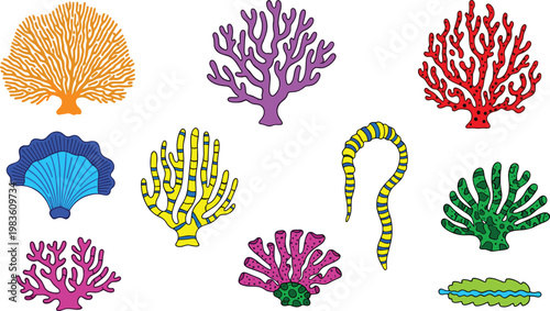 Coral reef diversity and marine gorgonian species icon set