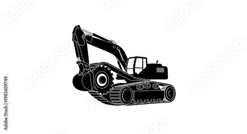 Black and white excavator machine illustration.