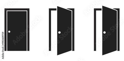 Door icons set, open close and ajar door symbols with entrance variations for navigation, interior design, access control and architectural interface