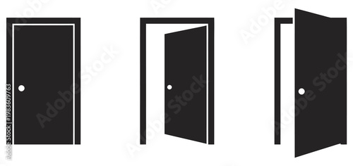 Opened entrance door icon collection, open closed and partially ajar door symbols for building access, navigation systems, interior layouts and modern