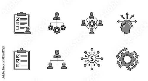 Collection of Icons Illustrating Business Management, Teamwork, Processes, and Strategy