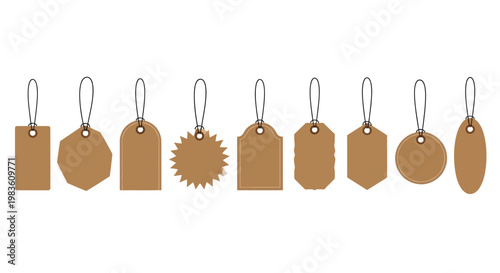 Collection of various uniquely shaped paper price tags with strings for retail or craft purposes