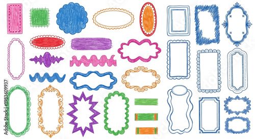 Vibrant collection of hand-drawn decorative frames and borders in diverse shapes and textured styles, ideal for adding unique artistic touches to creative designs
