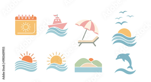Set of summer vacation and travel icons with sun, sea, beach chair, boat, dolphin, island, and calendar