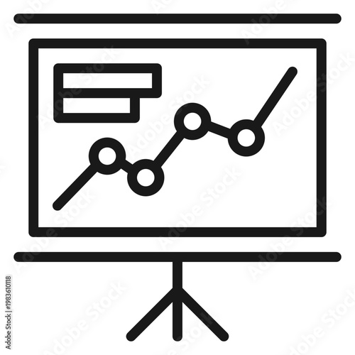 Konstfotografi Minimalist black vector icon of a presentation screen on a tripod stand with a line graph and bar charts, representing business growth, data analysis, statistics, and professional reporting