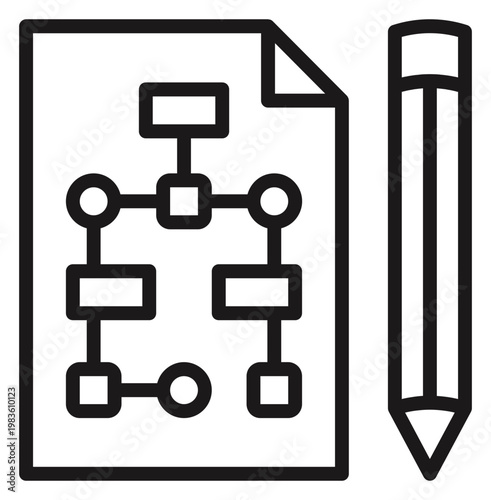 Black vector icon illustration of a document featuring a flowchart diagram or sitemap next to a pencil, representing project planning, workflow design, and information architecture mapping.