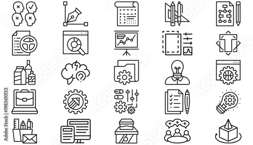 25 Black Vector Icon Set Bundle: Business Analytics, Graphic Design Tools, Engineering Blueprints, Web Development, Creative Brainstorming, Office Supplies, Recruitment, and Technology Symbols.