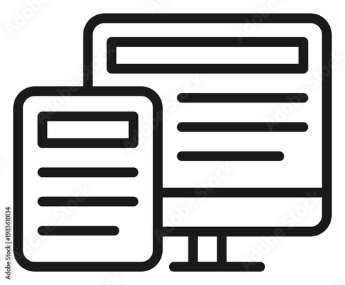 Photography Responsive web design vector icon illustration featuring a desktop computer monitor and a tablet device with digital content layout, minimalist black line symbol for technology and development