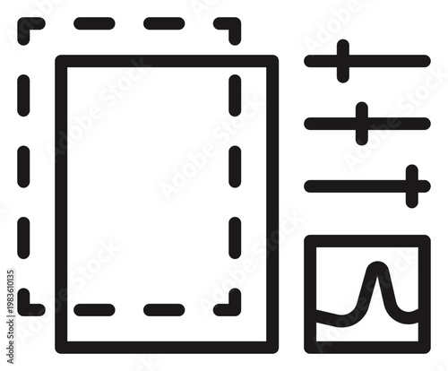 Vector icon of photo editing and image processing tools featuring adjustment sliders, histogram graph, and layer selection symbols for graphic design software and digital photography apps.