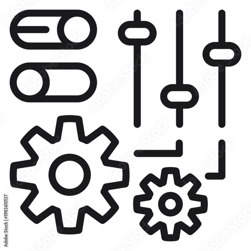 Minimalist black vector icon illustration of system settings and configuration featuring gears, vertical sliders, and toggle switches for control panel, customization, and preferences.