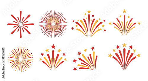 Vibrant graphic collection of fireworks bursts for festive celebrations, holiday events, and joyful displays in the night sky