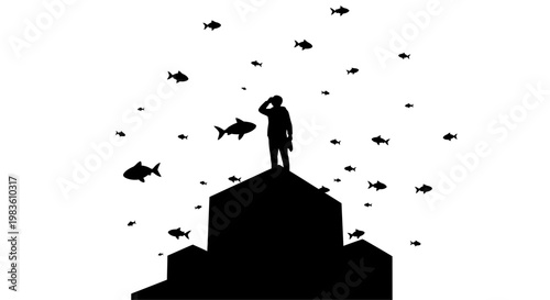 Man standing on a rooftop surrounded by fish.