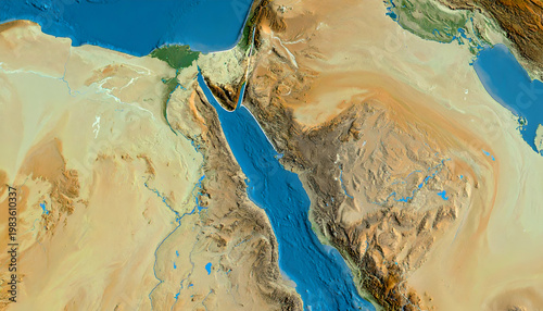 Detailed topographic map of Middle East region, showcasing landforms and sea features