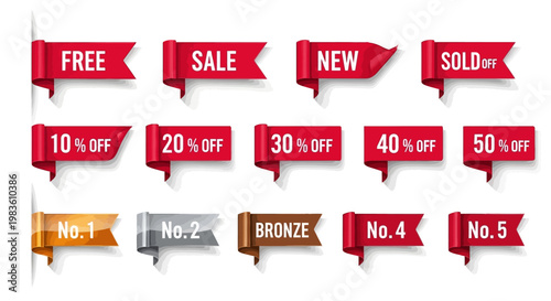 Colorful promotional ribbon banners and sale tags vector set, showcasing discount percentages, new arrival labels, special offers, and ranking elements for business marketing