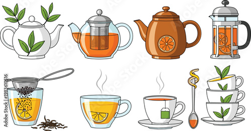 Tea time and herbal infusion brewing equipment flat icon set