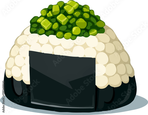 Vector illustration of a single Japanese onigiri rice ball wrapped in nori seaweed and topped with chopped pickled mustard greens (takana)