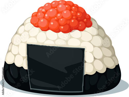 Vector illustration of a single Japanese onigiri rice ball wrapped in nori seaweed and topped with red salmon roe (ikura)