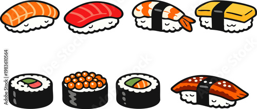 Vector illustration set of various Japanese sushi and rolls