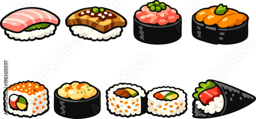 Vector illustration set of various Japanese sushi and rolls2