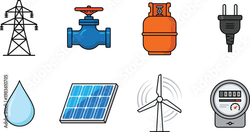 Modern flat design vector illustration showcasing diverse energy sources and utilities including electricity, water, gas, solar, and wind power for educational, business, and environmental projects.