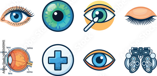 Colorful flat design vector set illustrating eye care, vision testing, and optical health. Ideal for medical, educational, and marketing materials on eye wellness and optometry services.