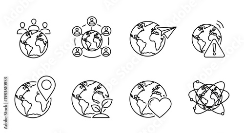 Comprehensive set of global connectivity line icons featuring Earth, social networks, environmental care, communication, and worldwide issues