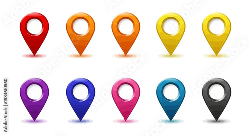 Vibrant collection of 3D location map pin markers in various colors, ideal for modern navigation applications and digital mapping interfaces