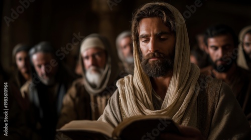 Jesus Christ reads from Isaiah in the synagogue of Nazareth, as listeners watch in awe, revealing fulfillment, authority, and the announcement of God’s grace.
