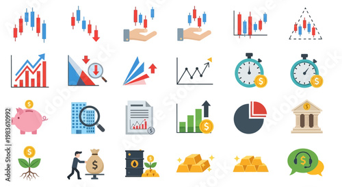 Financial Market and Investment Icons A Comprehensive Collection for Business and Economic Graphics