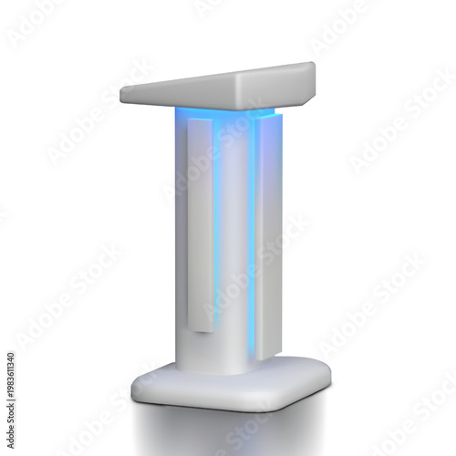Service desk vector 3D mockup, promotional and advertising booth stand with led illumination information table furniture