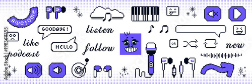 Set of pixel music stickers with emoji, Y2K and 8bit podcast elements. Includes speech bubbles, notes, microphone, headphone for social media.