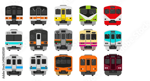 A vibrant collection of illustrated commuter train fronts, featuring a variety of colorful designs for modern public transport and railway infrastructure