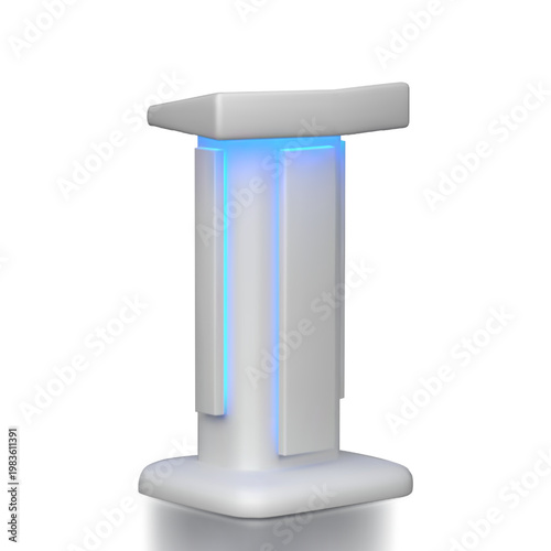 Service desk realistic vector 3D mockup, promotional stand with led illumination, glowing information table furniture