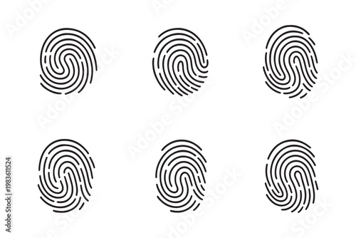 Set of unique fingerprint icons with detailed ridge patterns isolated on white background, concept for biometric security, digital identity verification and forensic investigation. 