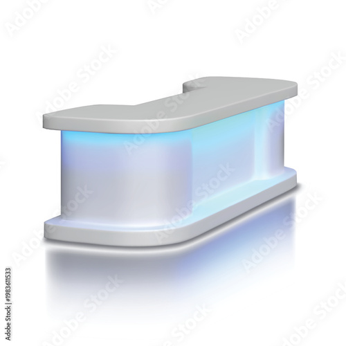 A realistic white reception desk with blue LED backlighting.
