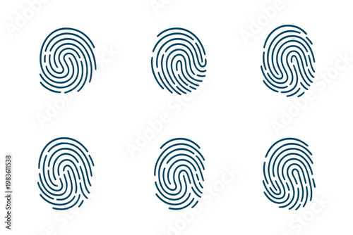 Set of unique fingerprint icons with detailed ridge patterns isolated on white background, concept for biometric security, digital identity verification and forensic investigation. 