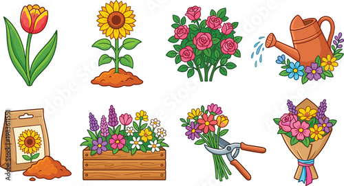 Vibrant collection of flower bouquets, potted plants, and gardening essentials in a cheerful flat design style. Ideal for gardening, spring themes, marketing, and decorative projects.
