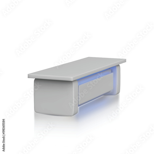 Futuristic white desk with neon blue backlighting, interior furniture.