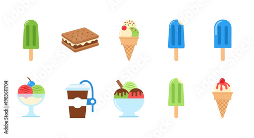 Colorful graphic collection of delicious frozen treats and refreshing ice cream desserts, ideal for summer themes, sweet design projects, and culinary advertisements